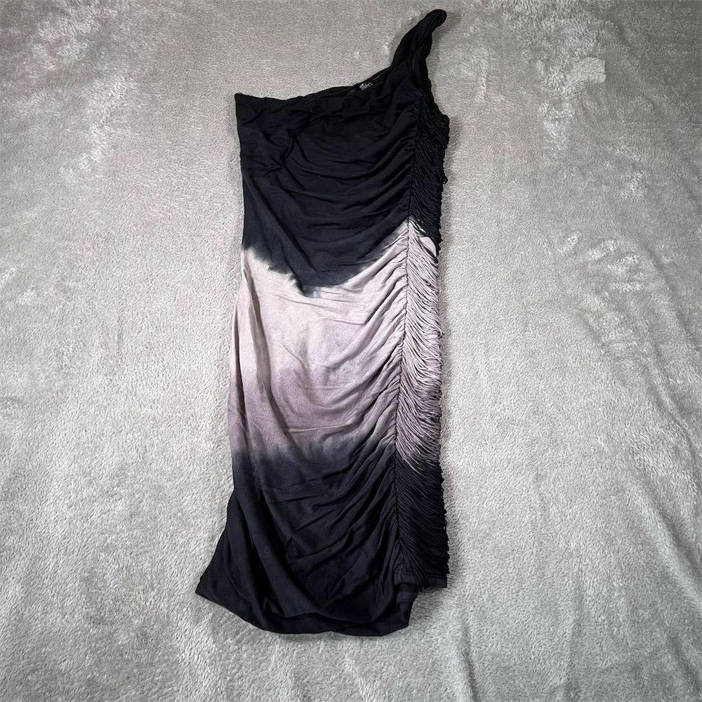 Sky Ombre Side Tassel Women's XS Black One-Shoulder Ruched Midi Dress